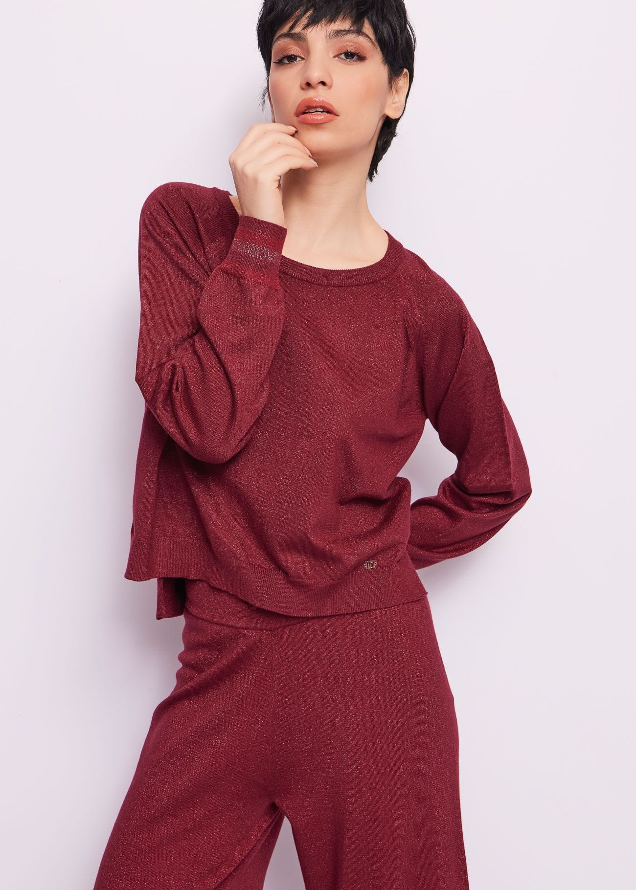 Pull à col rond en lurex bordeaux