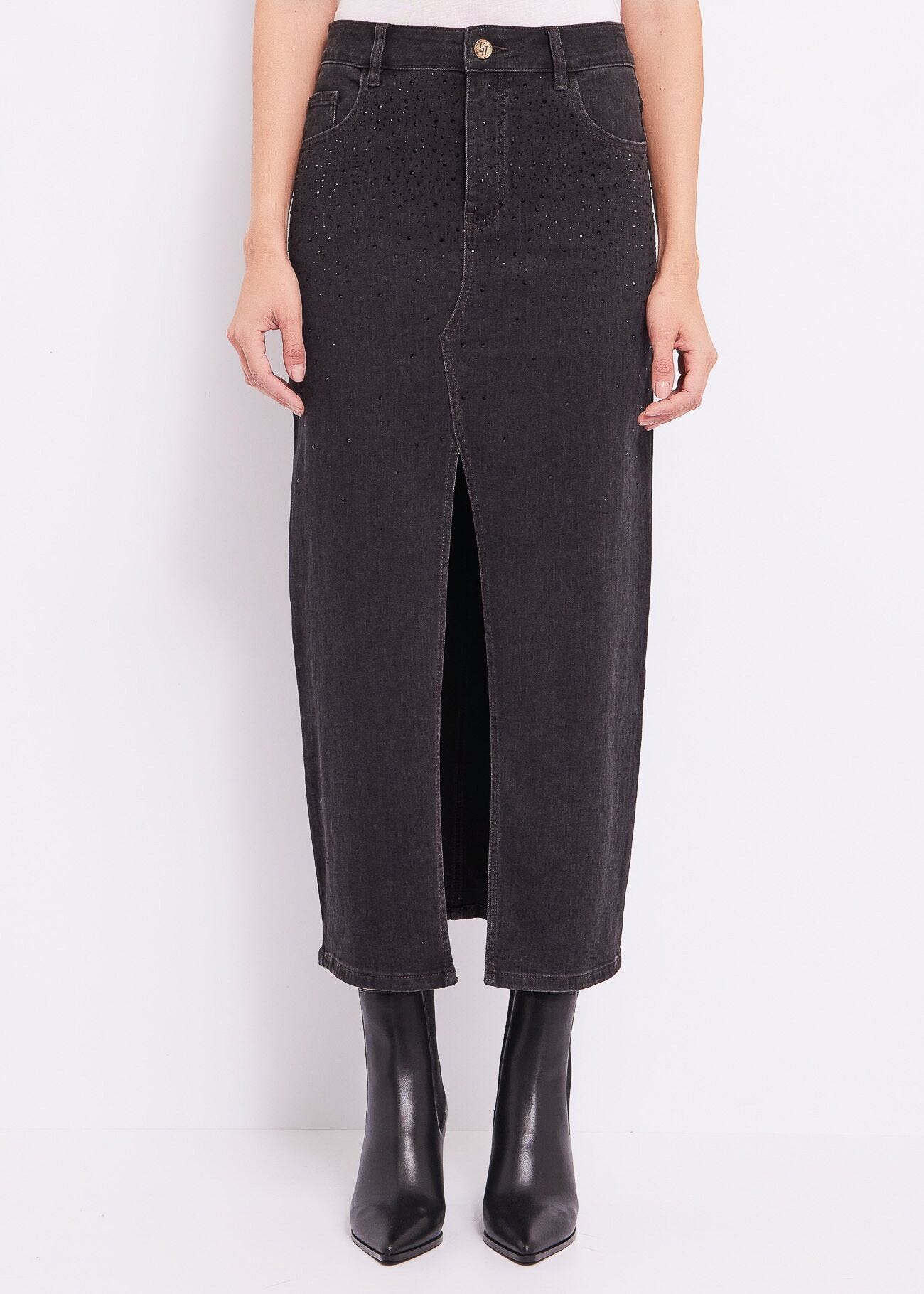 Long denim skirt in cotton blend
