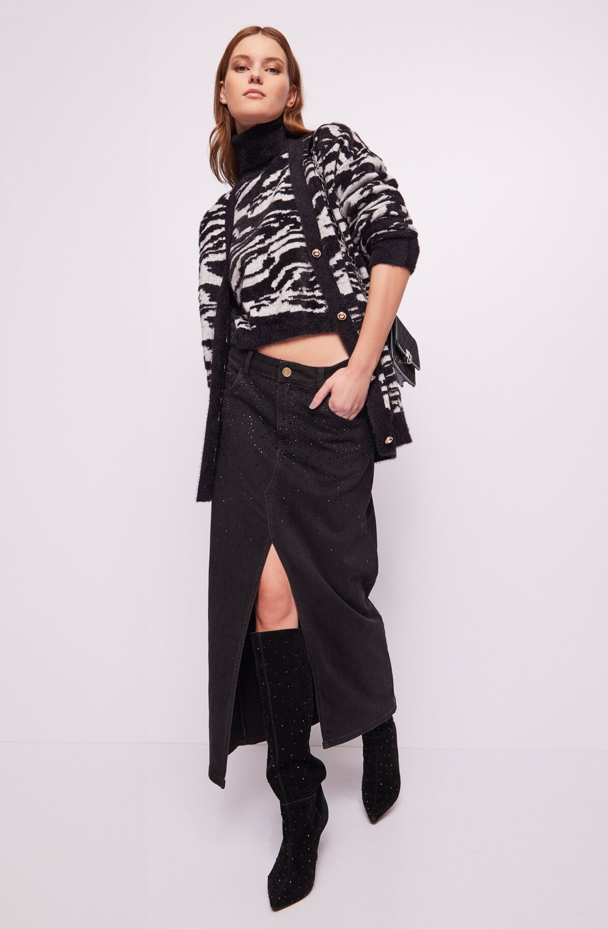 Long denim skirt in cotton blend