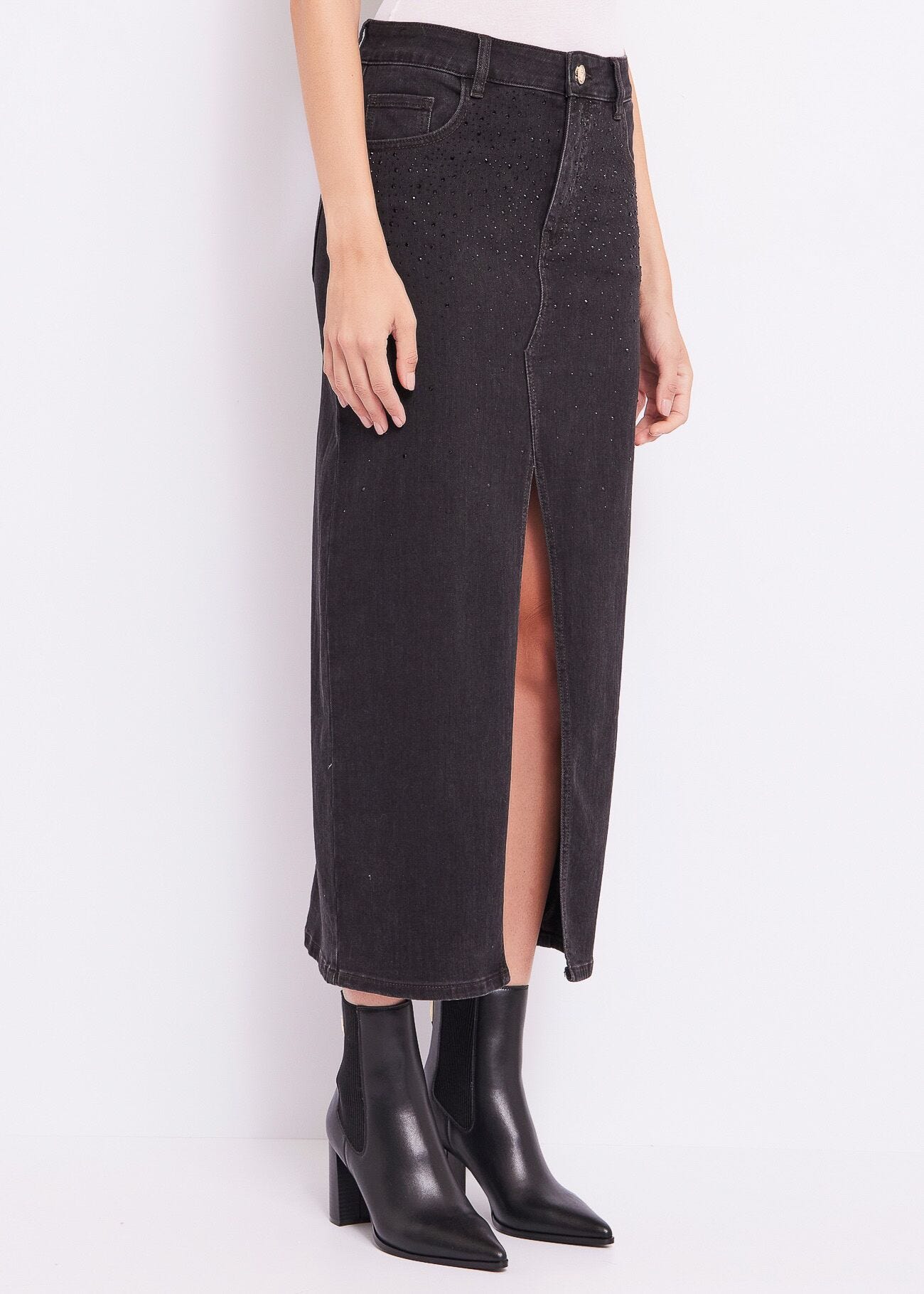 Long denim skirt in cotton blend