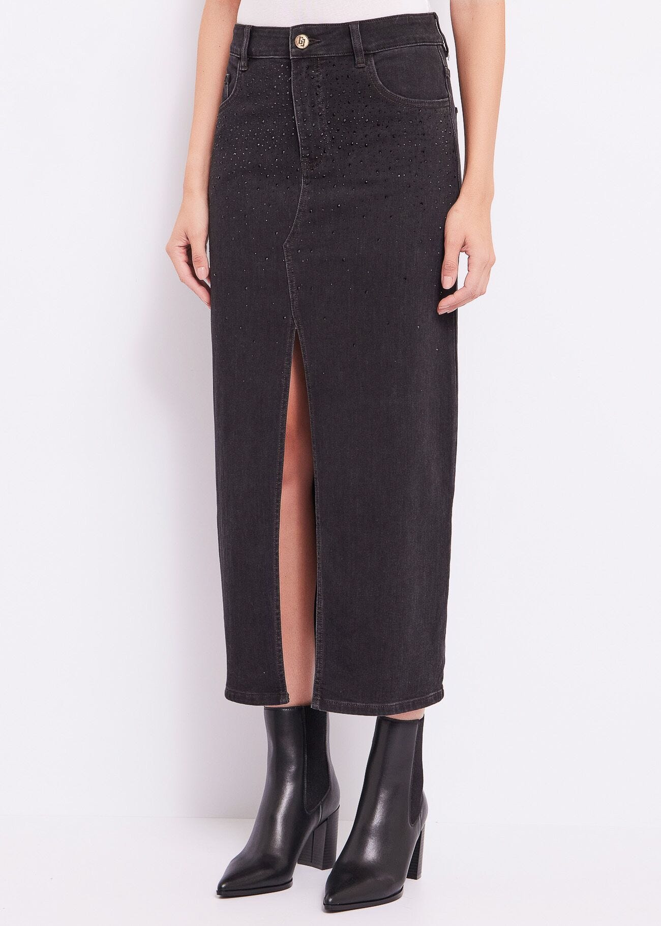 Long denim skirt in cotton blend