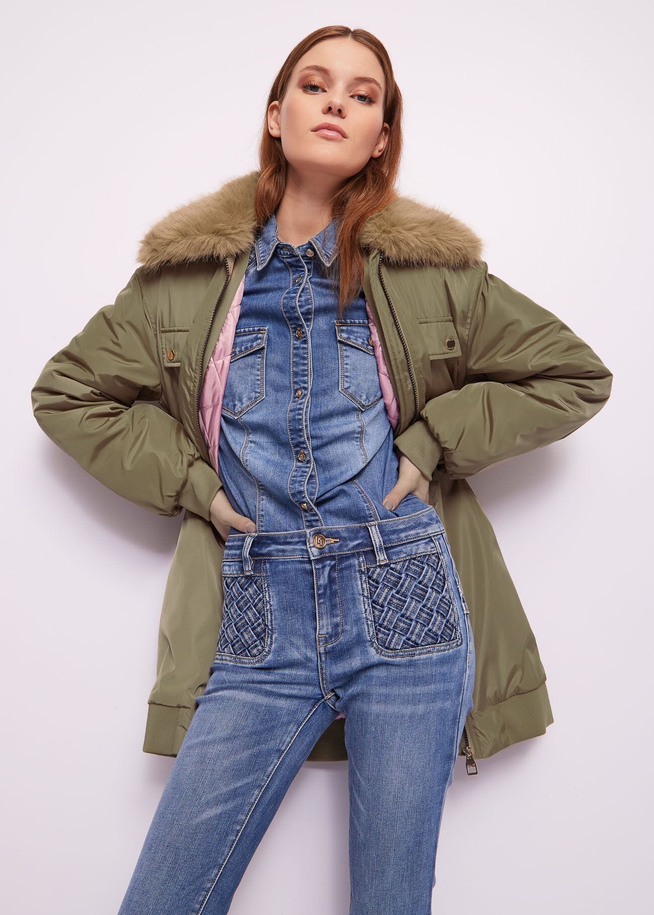 Green nylon down jacket