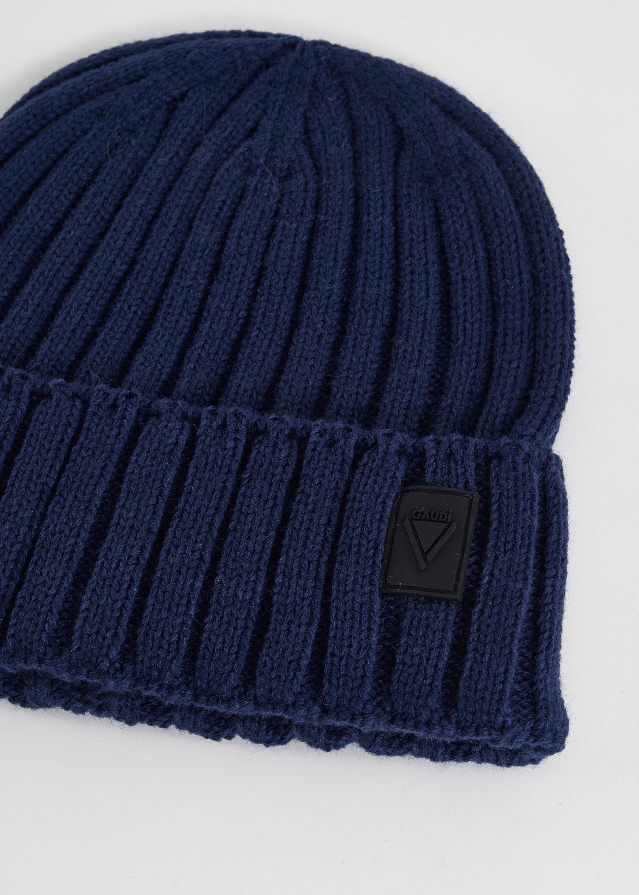 Blue, ribbed beanie hat