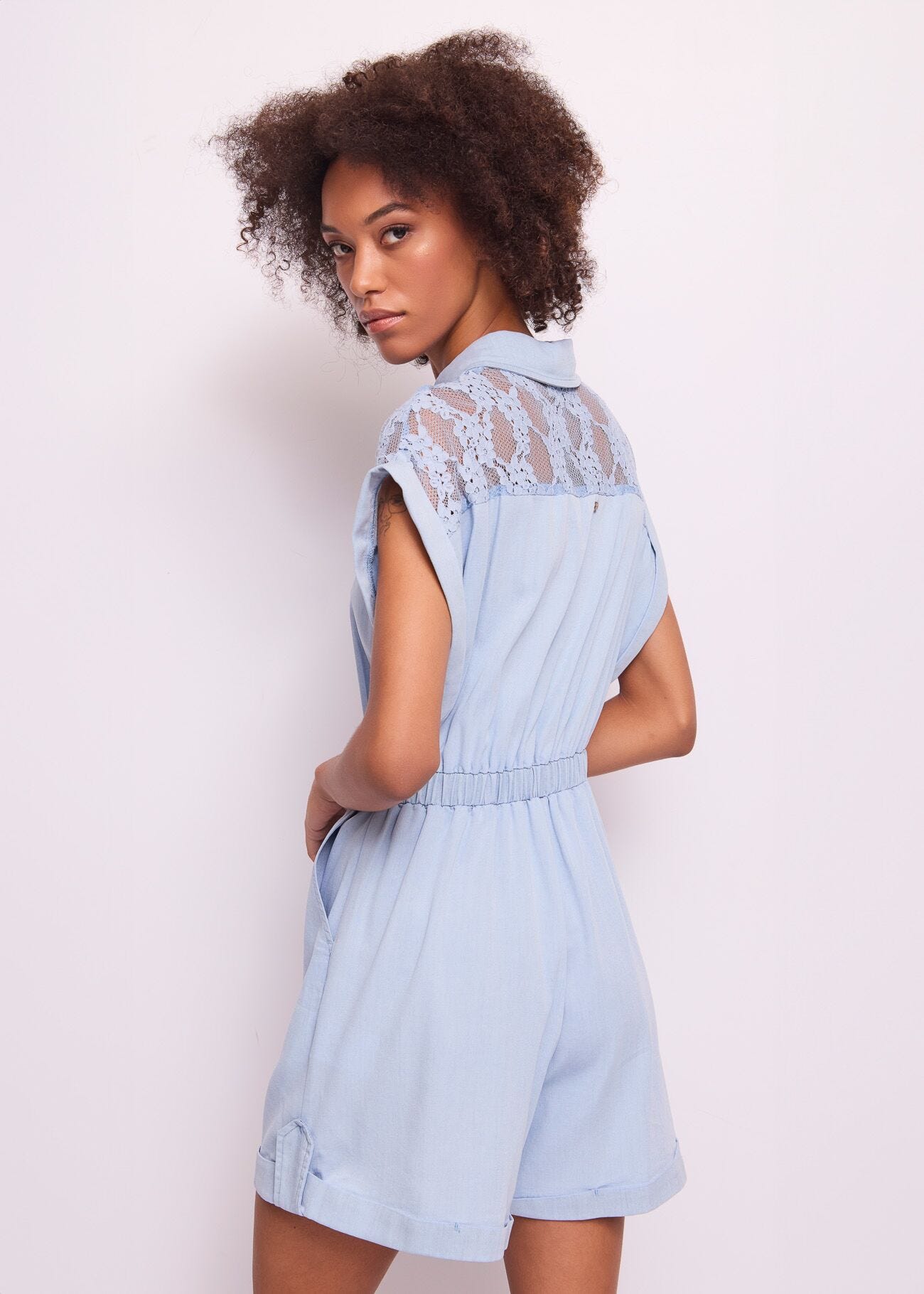 Women's chambray jumpsuit with lace