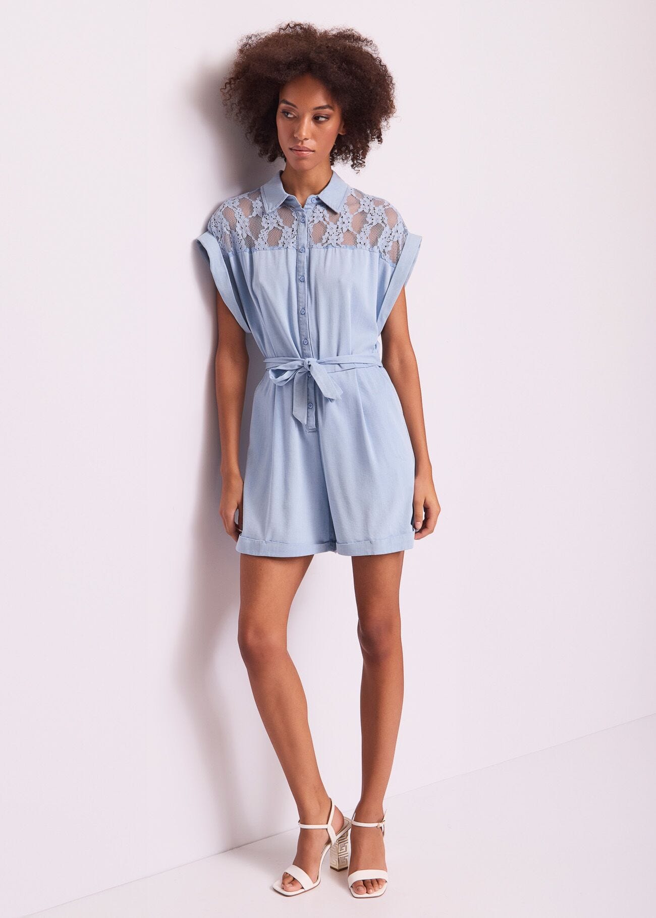 Women's chambray jumpsuit with lace