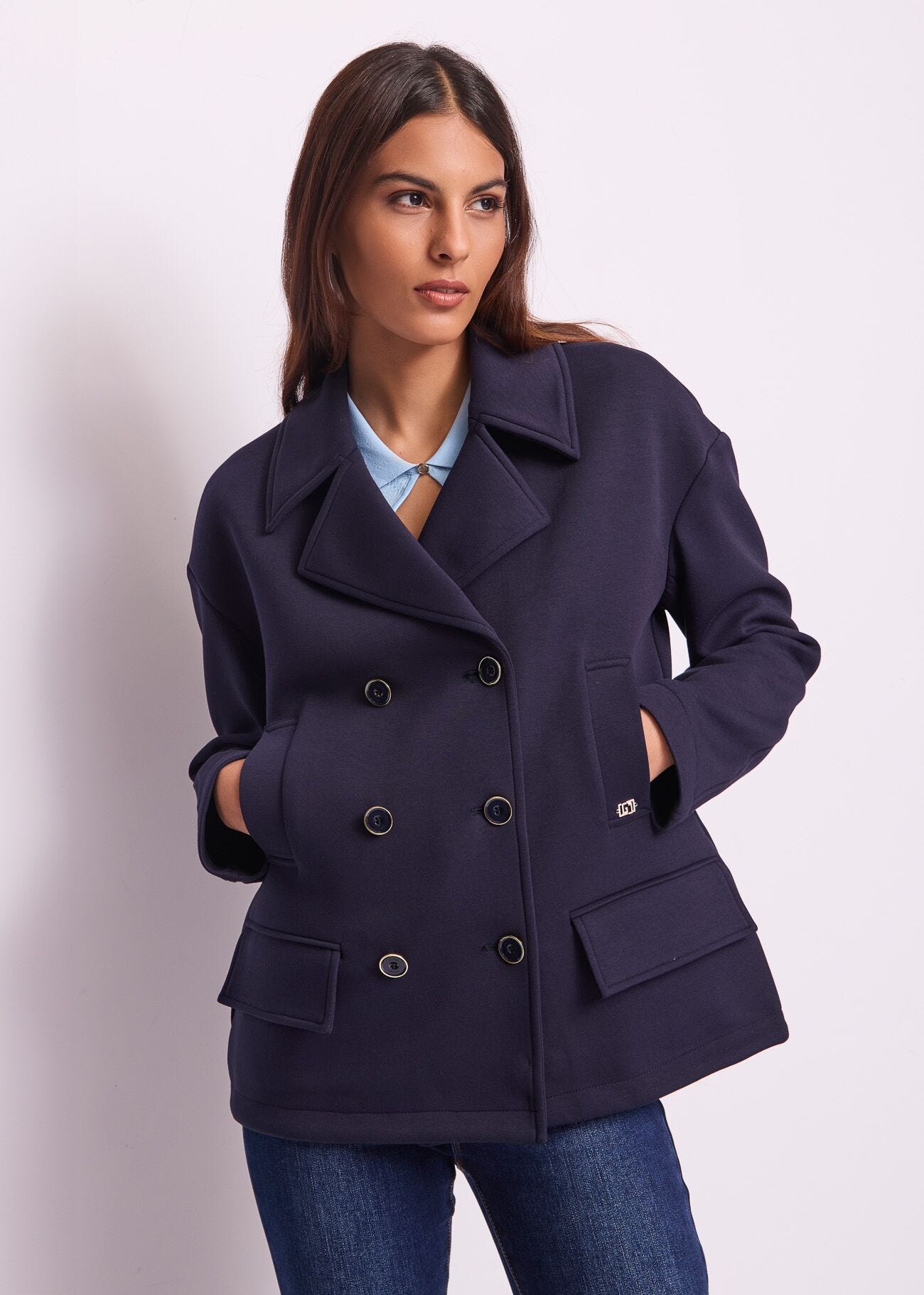 Caban bleu en scuba pour femme
