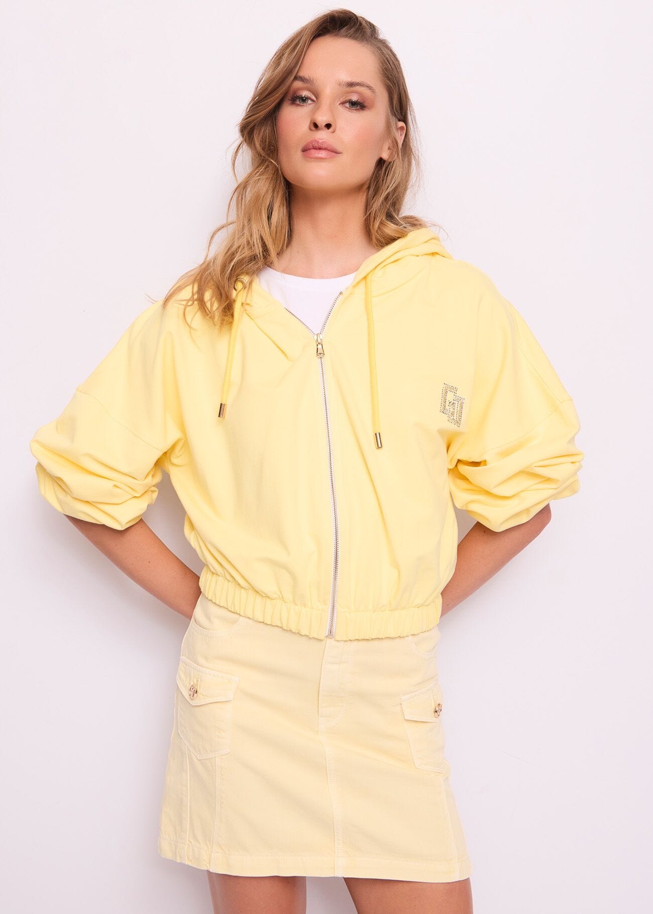 Sweat-shirt jaune en coton avec fermeture à glissière pour femme
