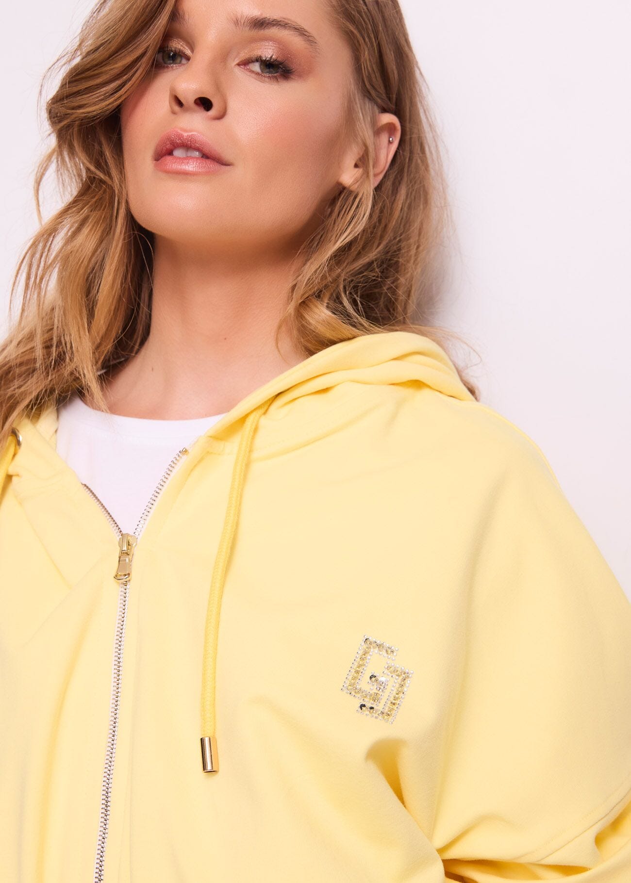 Sweat-shirt jaune en coton avec fermeture à glissière pour femme