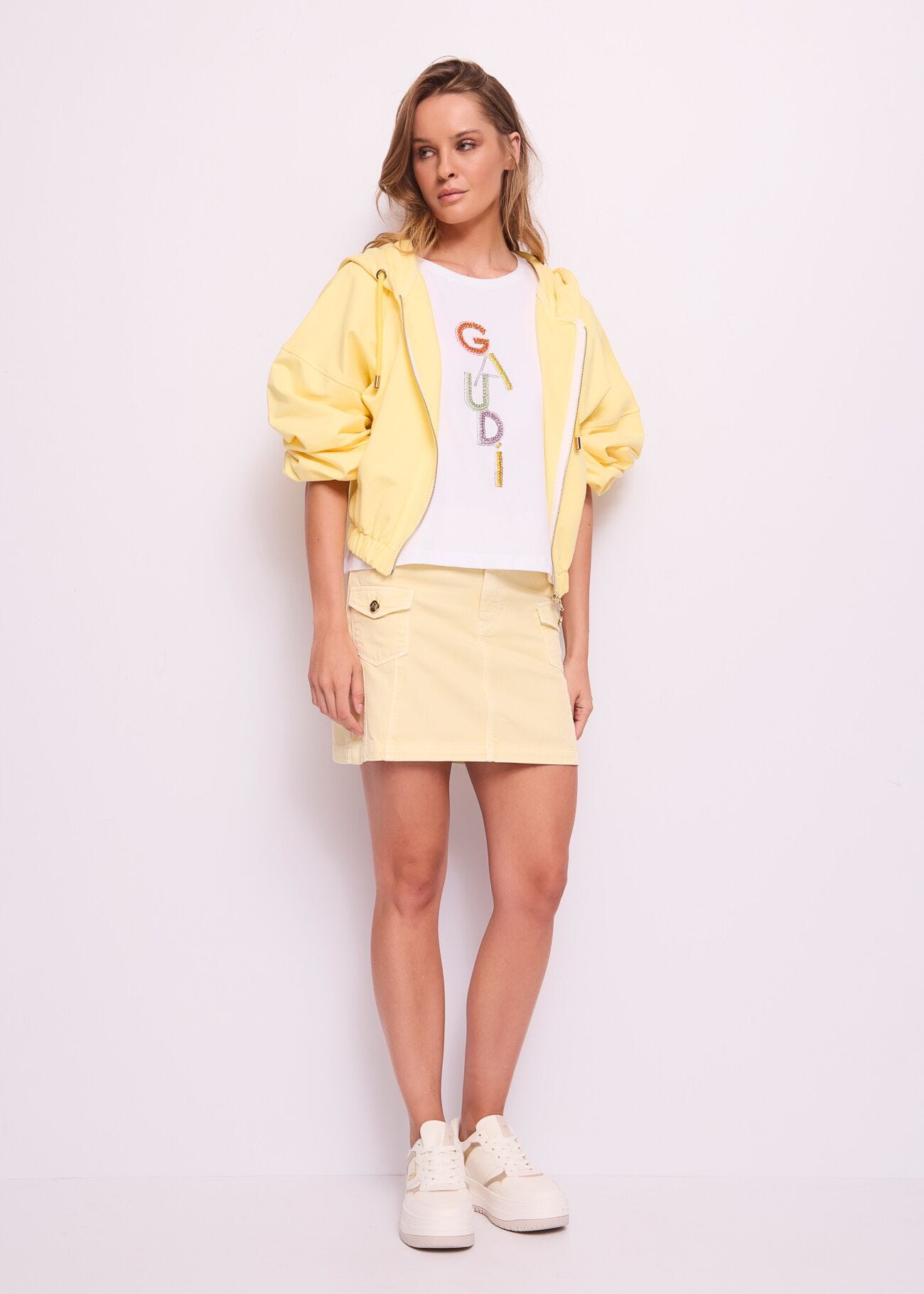 Sweat-shirt jaune en coton avec fermeture à glissière pour femme