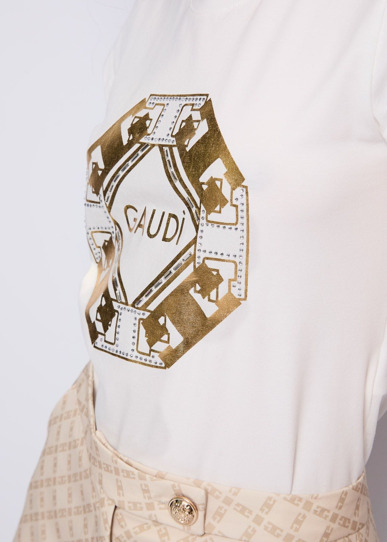 T-shirt da donna bianca con stampa e strass