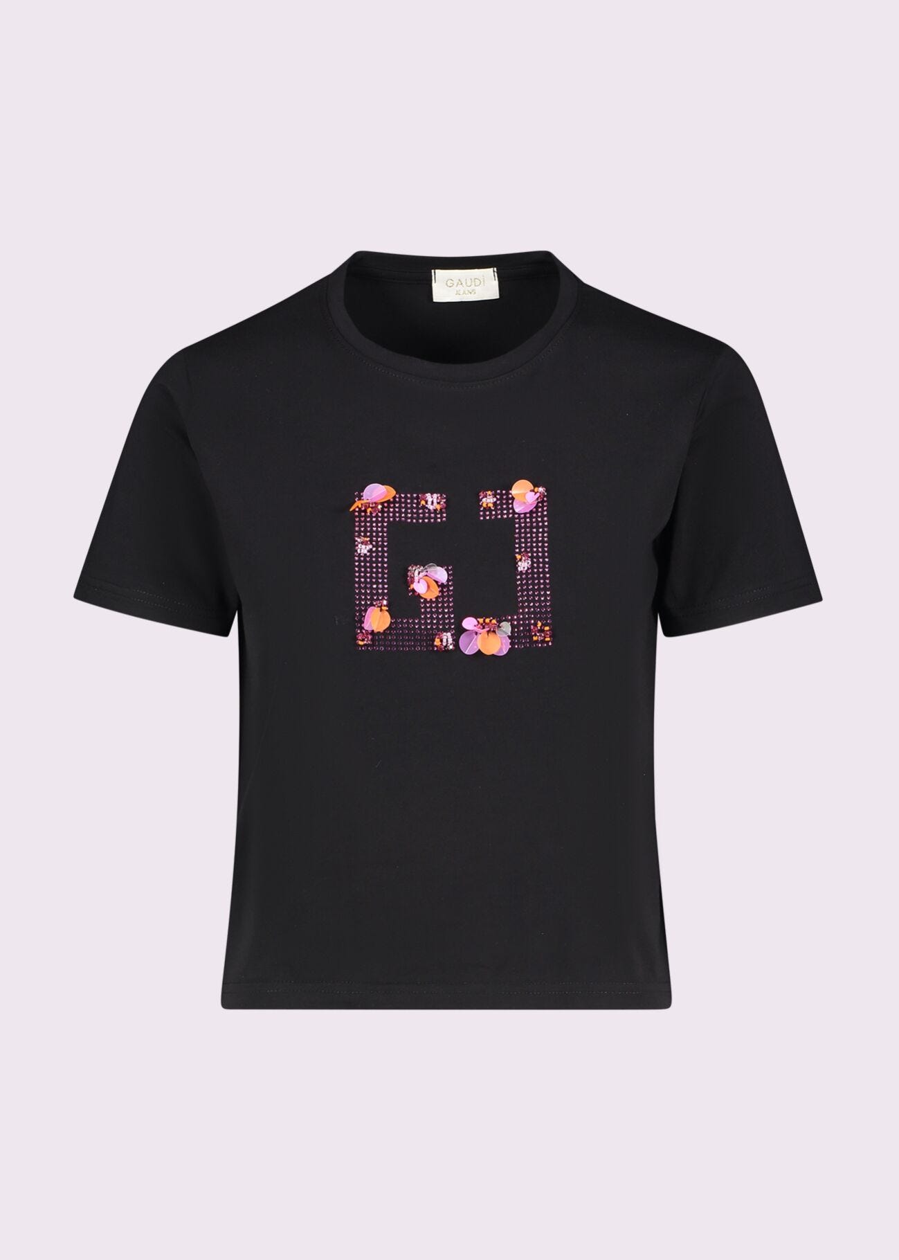 T-shirt donna nera con strass