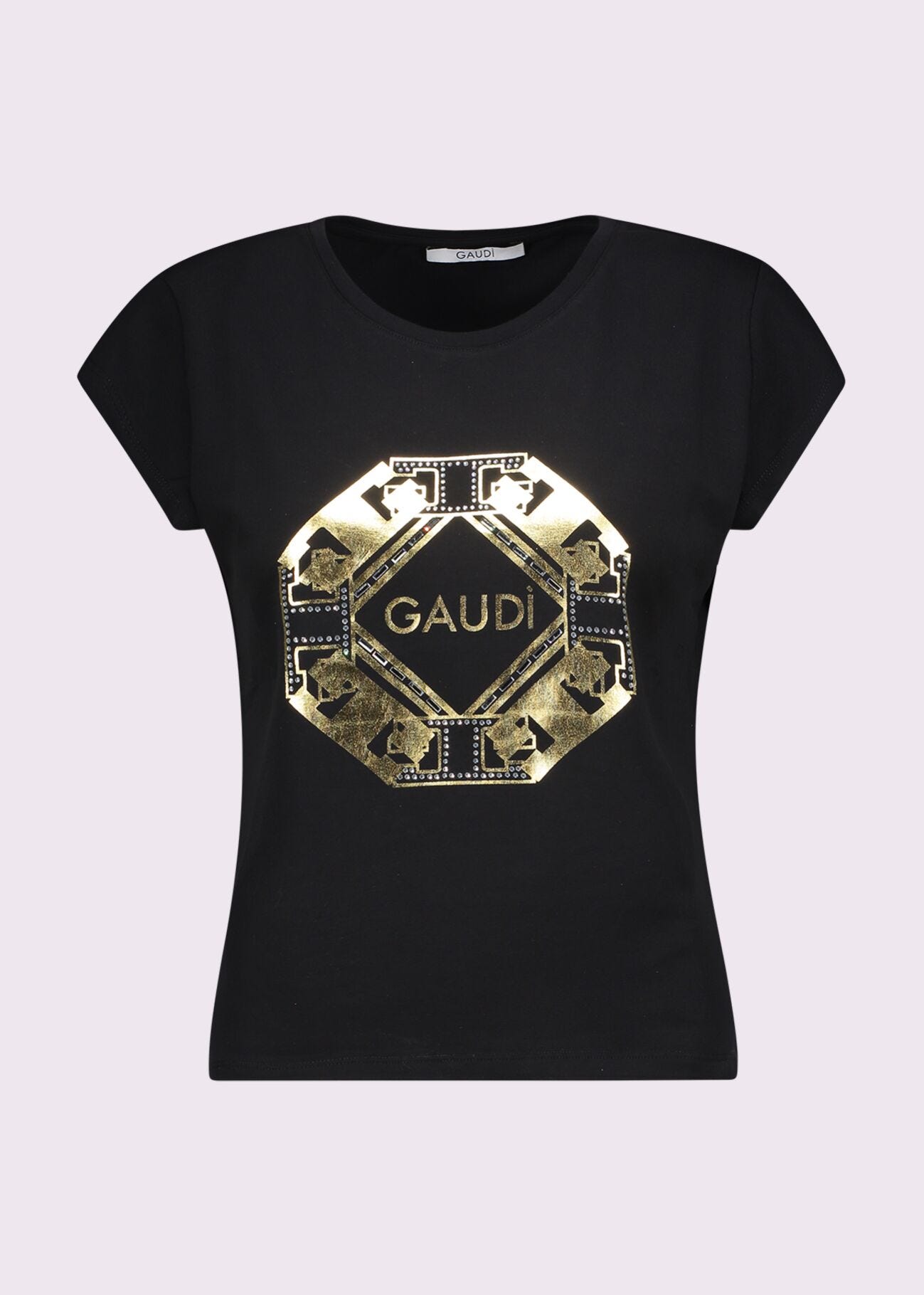 T-shirt da donna nera con stampa e strass