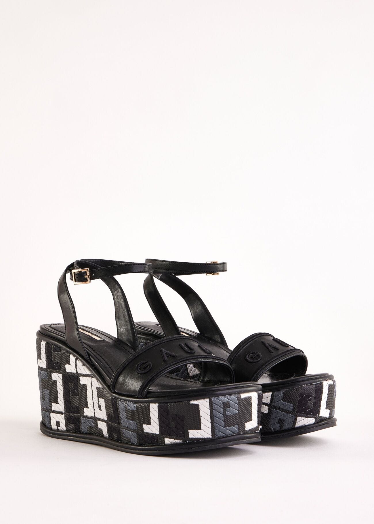 Black faux-leather sandals with logo
