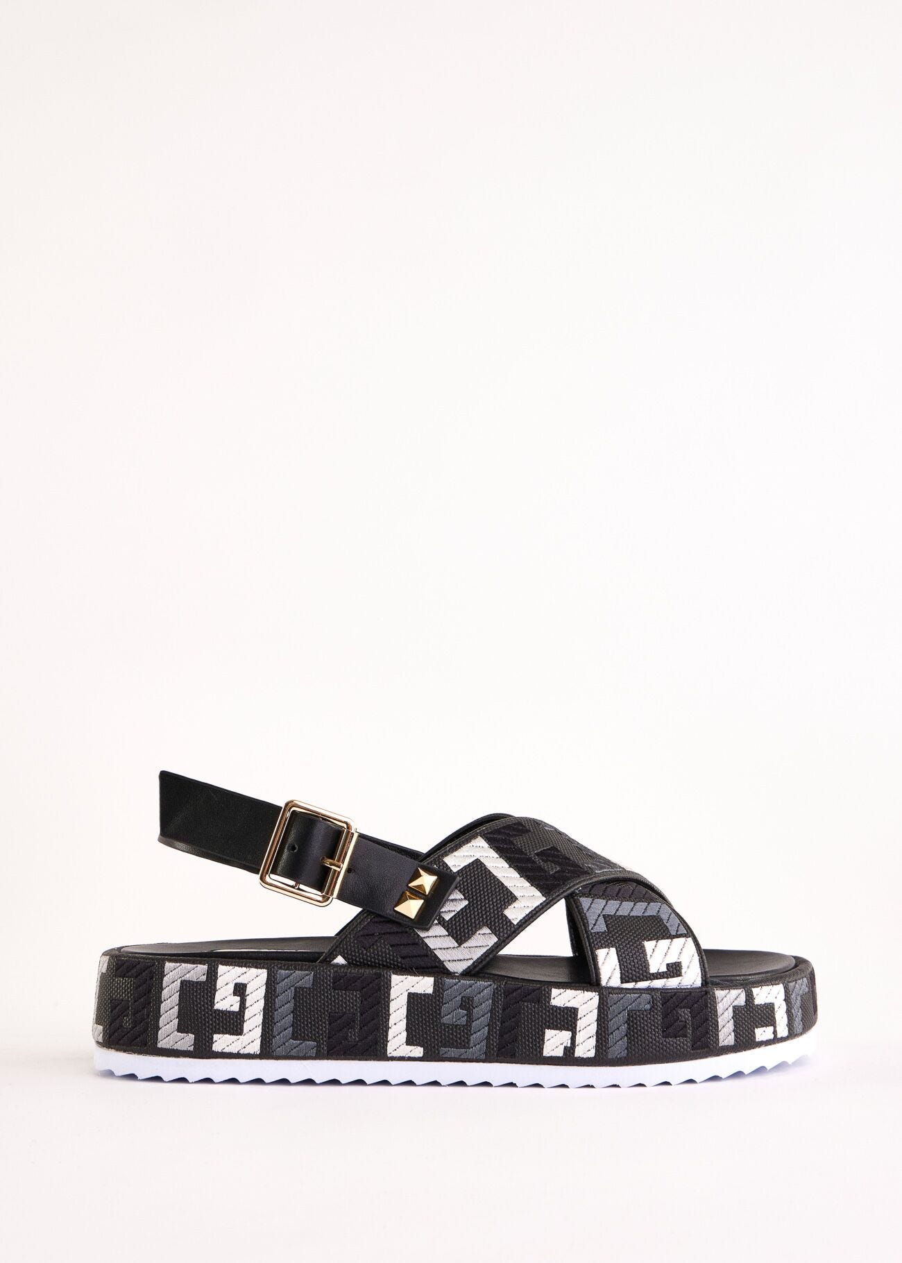 Black canvas and faux-leather sandals