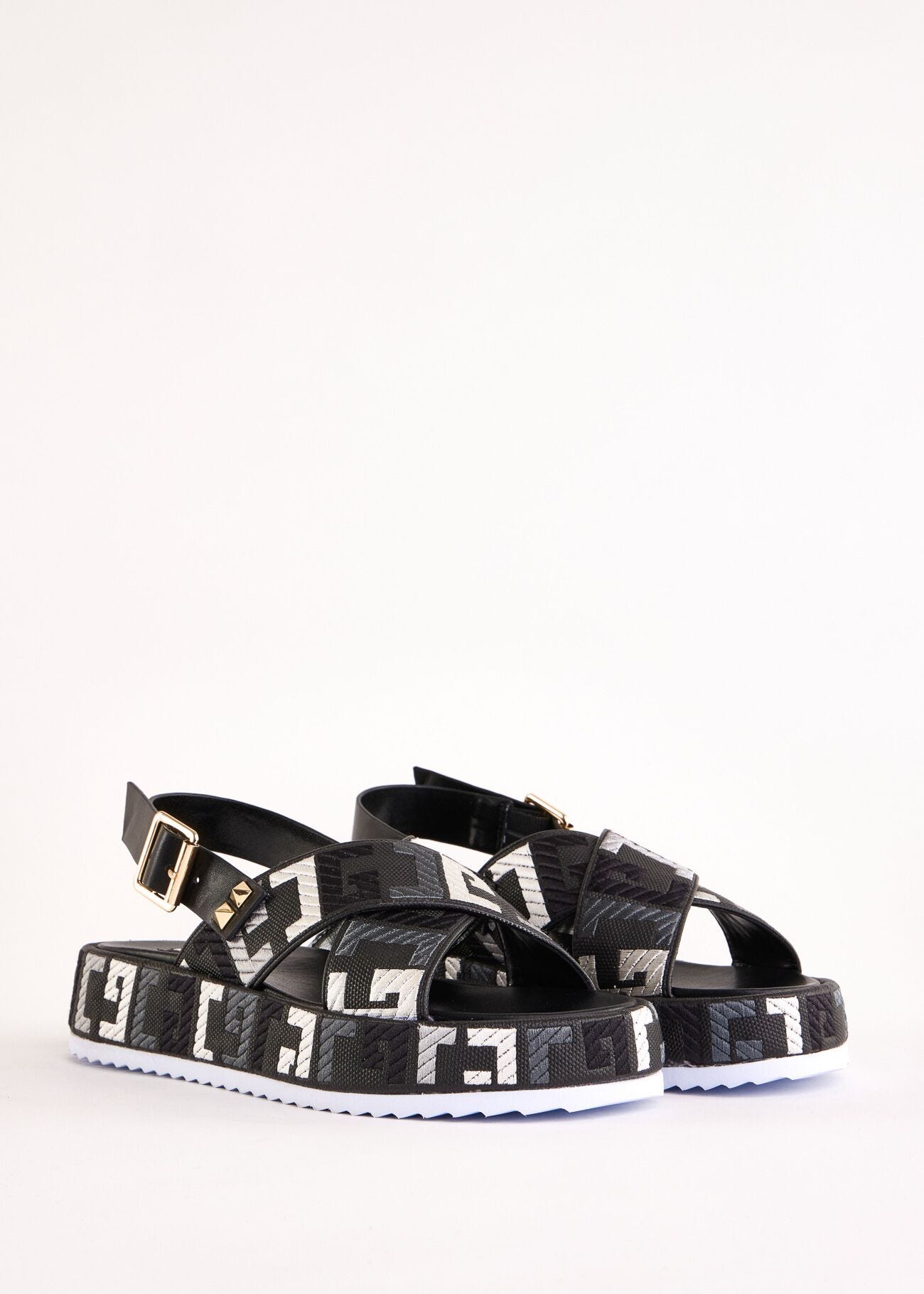 Black canvas and faux-leather sandals