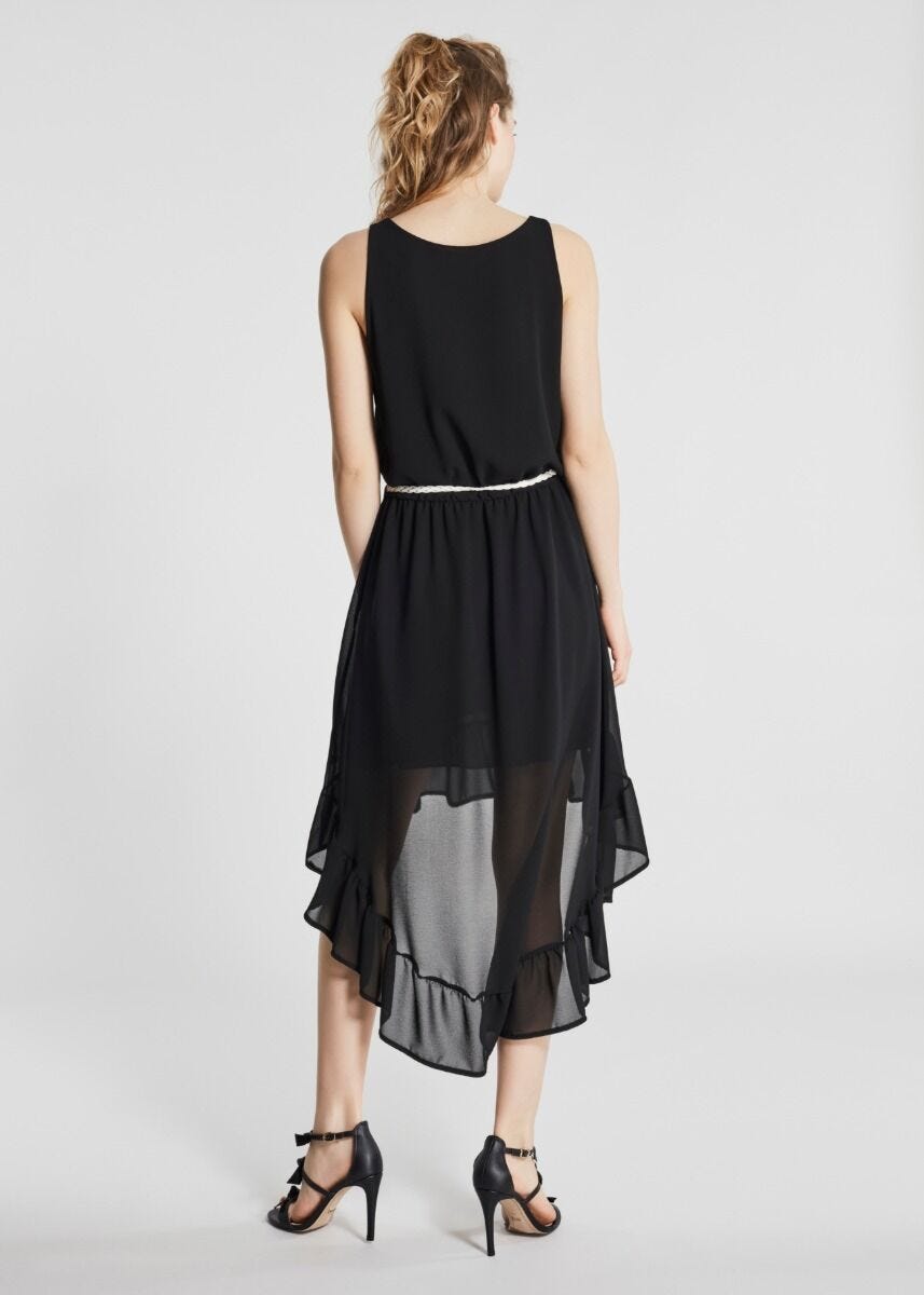 Robe asym&eacute;trique en cr&ecirc;pe georgette.