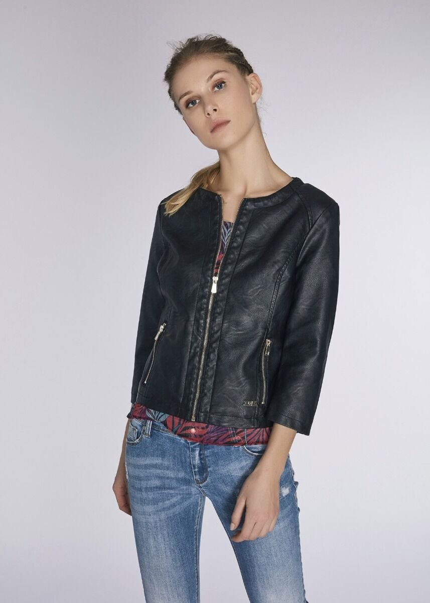 Faux leather crew neck jacket 