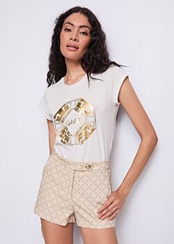 T-shirt da donna bianca con stampa e strass Gaudì Fashion