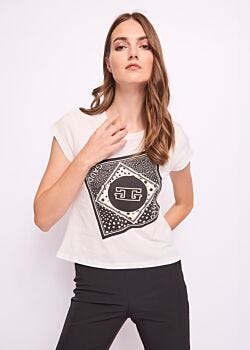 T-shirt da donna bianca con stampa a pois e strass Gaudì Fashion
