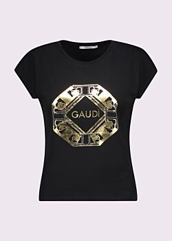 T-shirt da donna nera con stampa e strass Gaudì Fashion