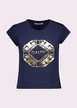 T-shirt da donna blu con stampa e strass Gaudì Fashion
